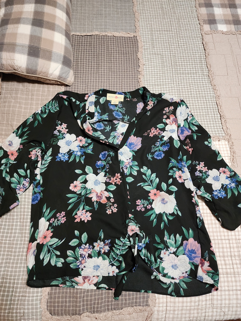 Wishful Park Black Floral Tie-Hem Blouse with Pink & Blue Flowers